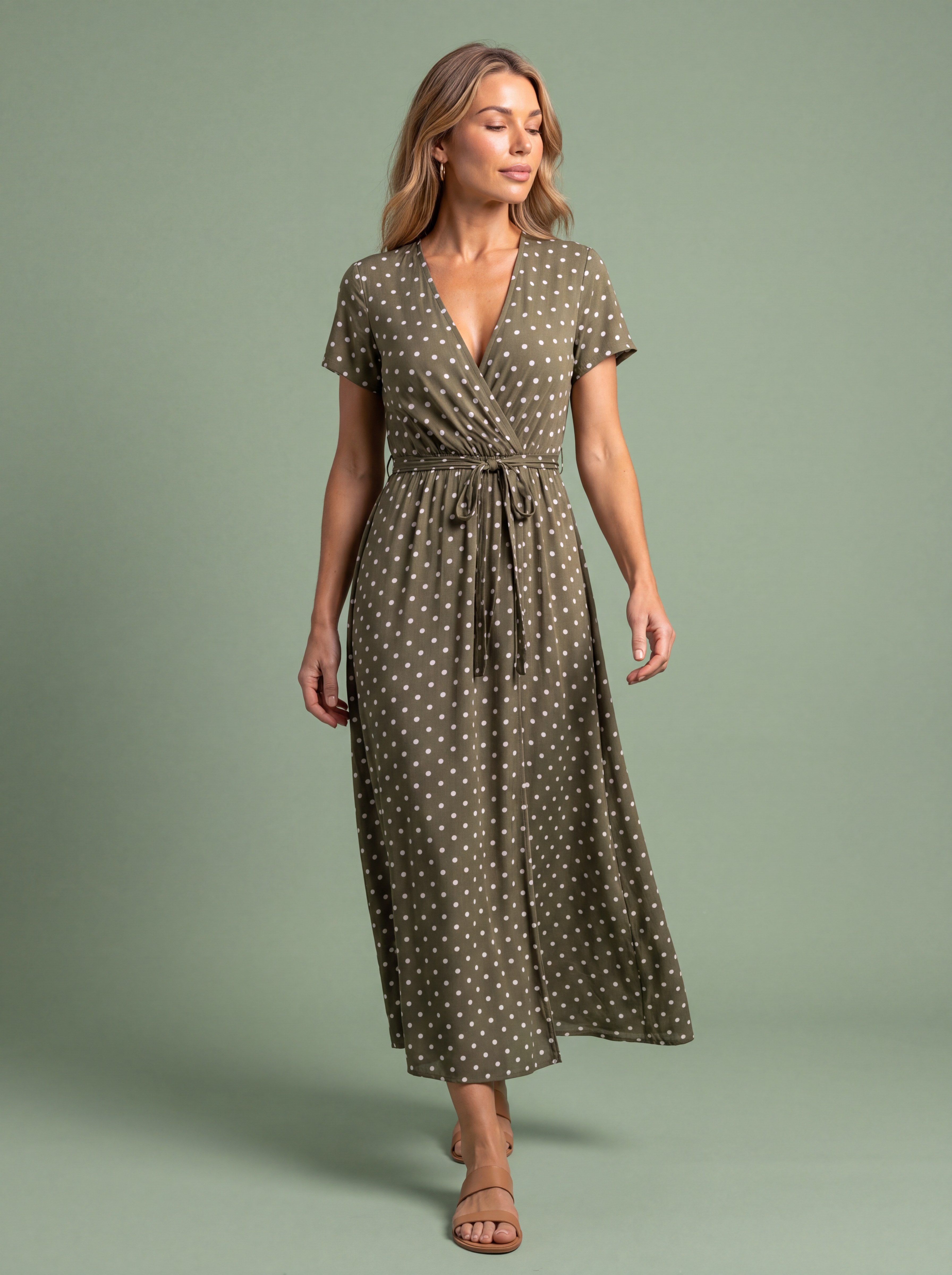 Melba Lane - olive polka dot wrap maxi dress with a tie waist, full length, AU women's sizes