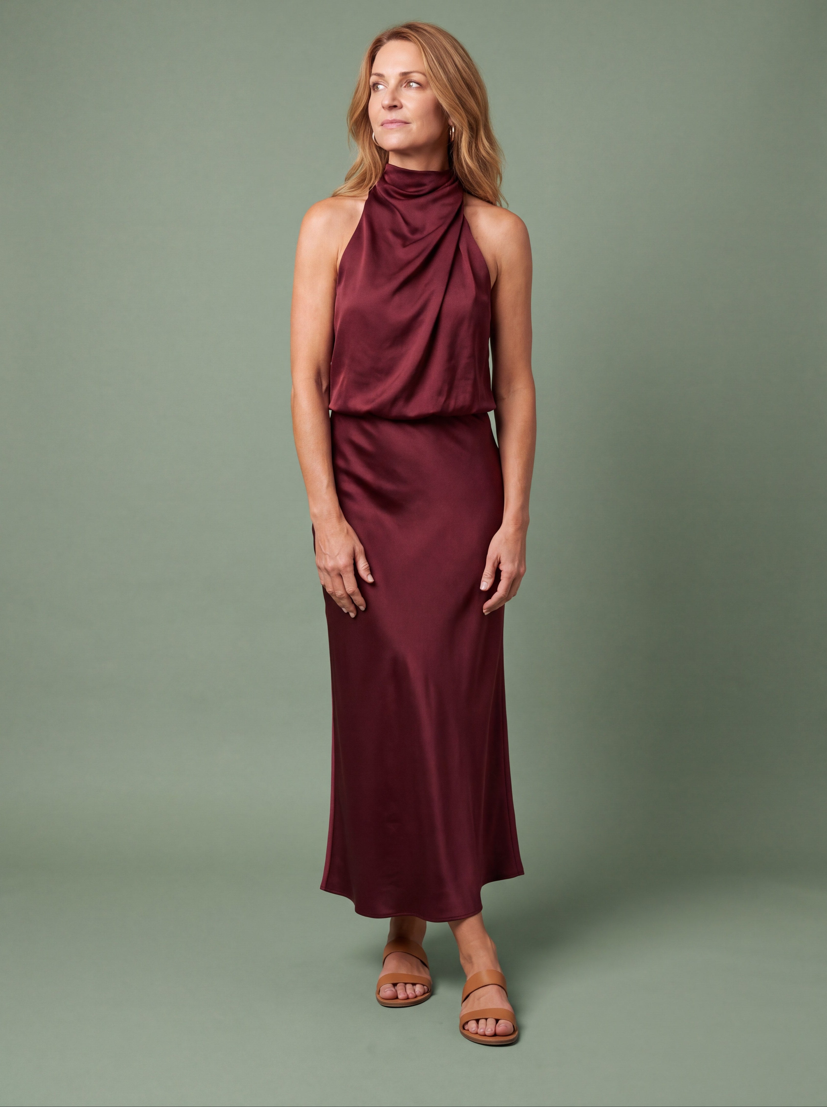 Melba Lane - burgundy draped neck satin midi dress, full length studio view, AU women's sizes