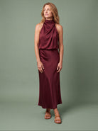 Melba Lane - burgundy draped neck satin midi dress, full length studio view, AU women's sizes