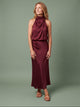 Melba Lane - burgundy draped neck satin midi dress, full length studio view, AU women's sizes