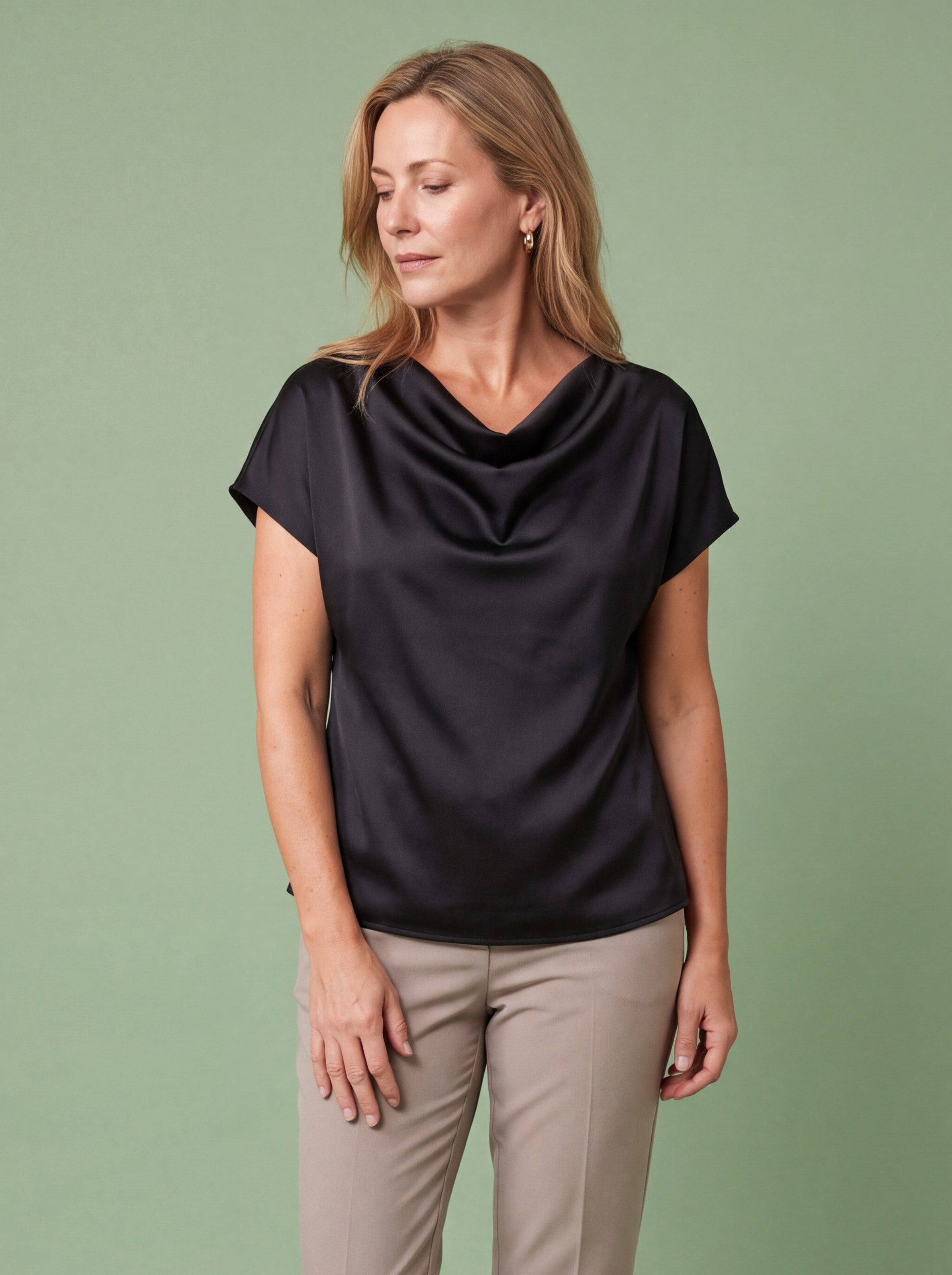 Melba Lane - black cowl neck satin top with short sleeves, full length view, AU women's sizes
