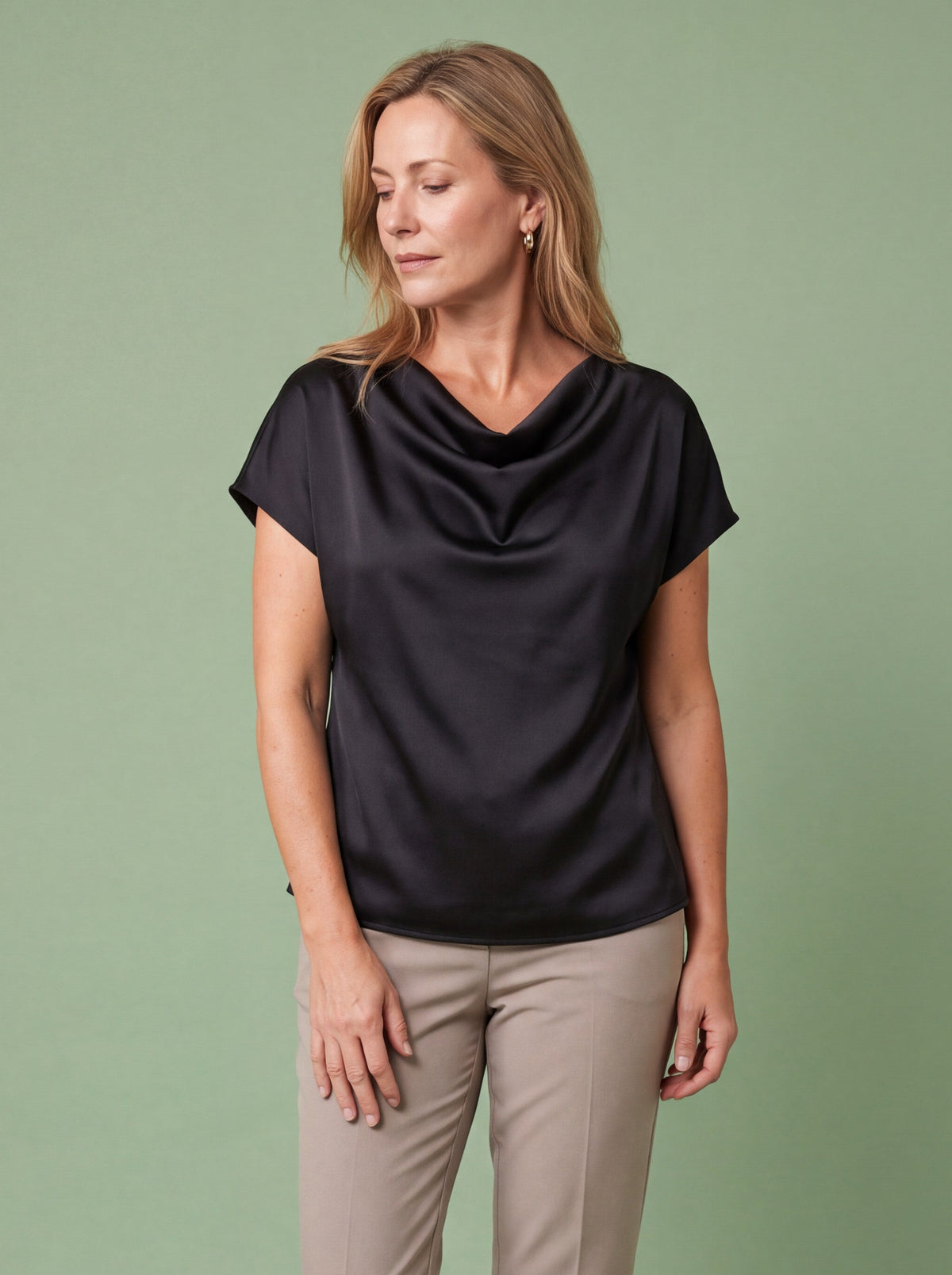 Melba Lane - black cowl neck satin top with short sleeves, full length view, AU women's sizes