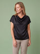 Melba Lane - black cowl neck satin top with short sleeves, full length view, AU women's sizes