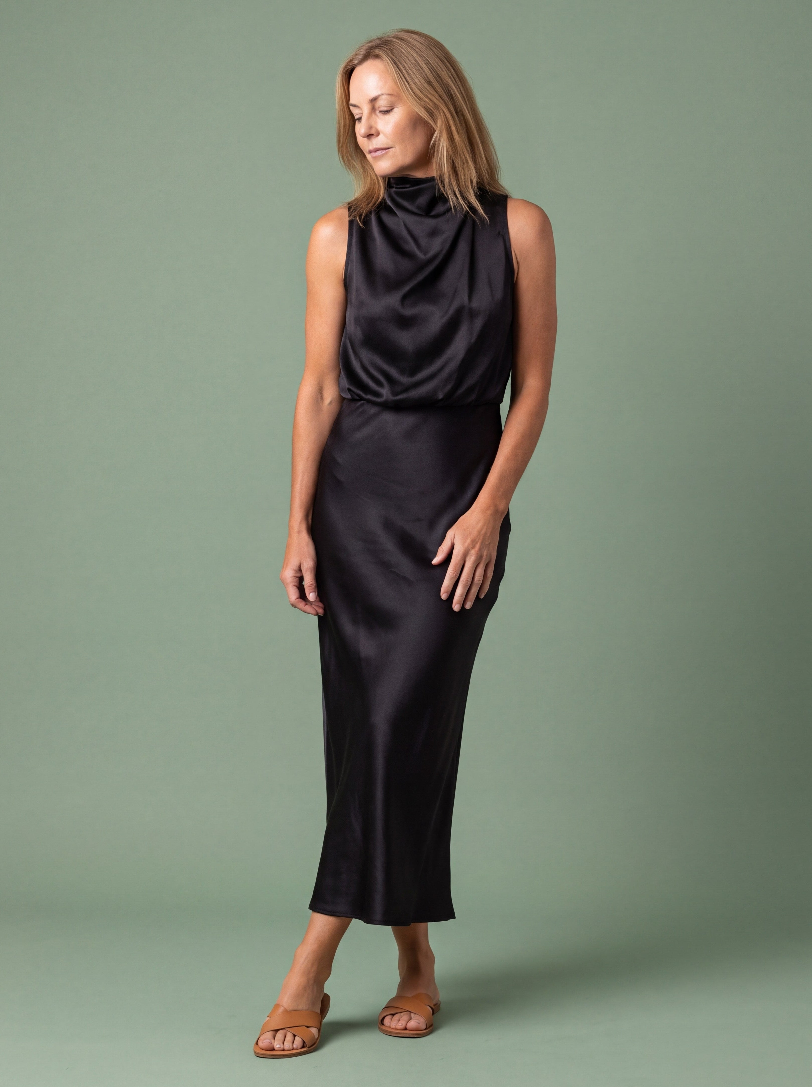 Melba Lane - black draped neck satin midi dress, full length studio view, AU women's sizes