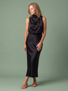 Melba Lane - black draped neck satin midi dress, full length studio view, AU women's sizes