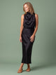 Melba Lane - black draped neck satin midi dress, full length studio view, AU women's sizes