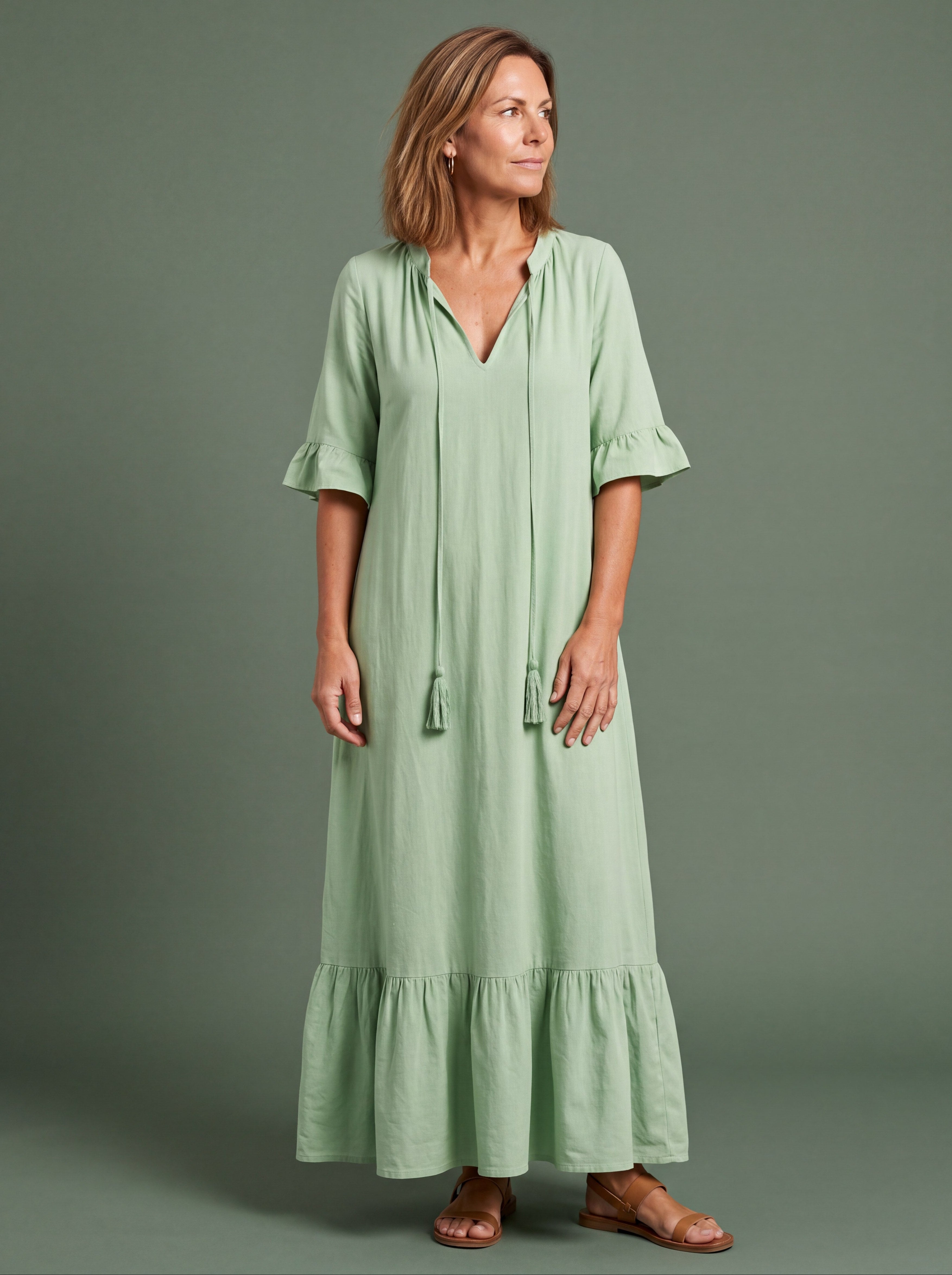 Melba Lane - green tiered print maxi dress with tassel tie, full length, AU women's sizes