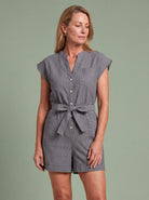 Melba Lane - grey belted short sleeve romper with front buttons, full length, AU women's sizes