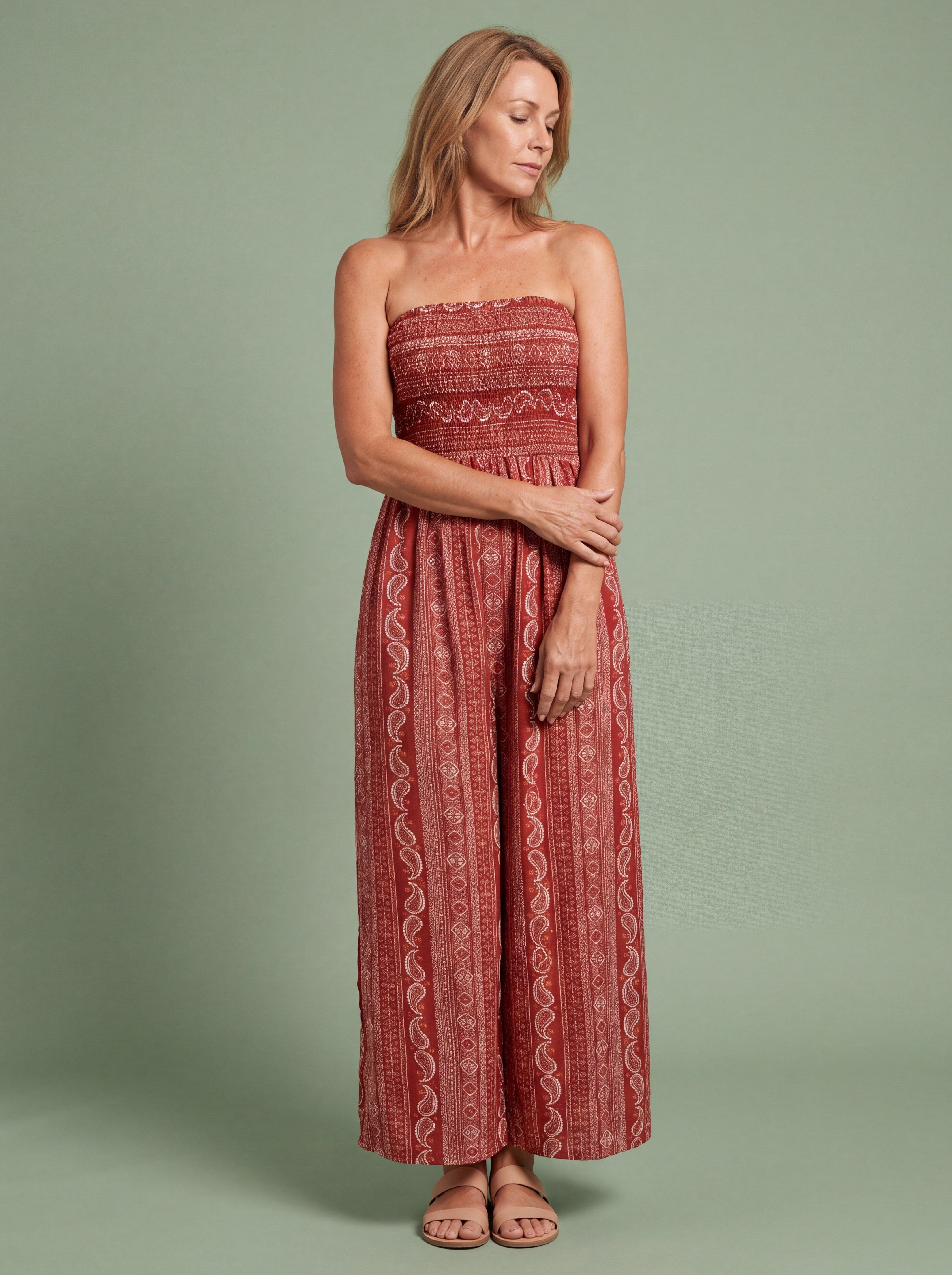Melba Lane - red printed strapless jumpsuit with wide leg, full length, AU women's sizes