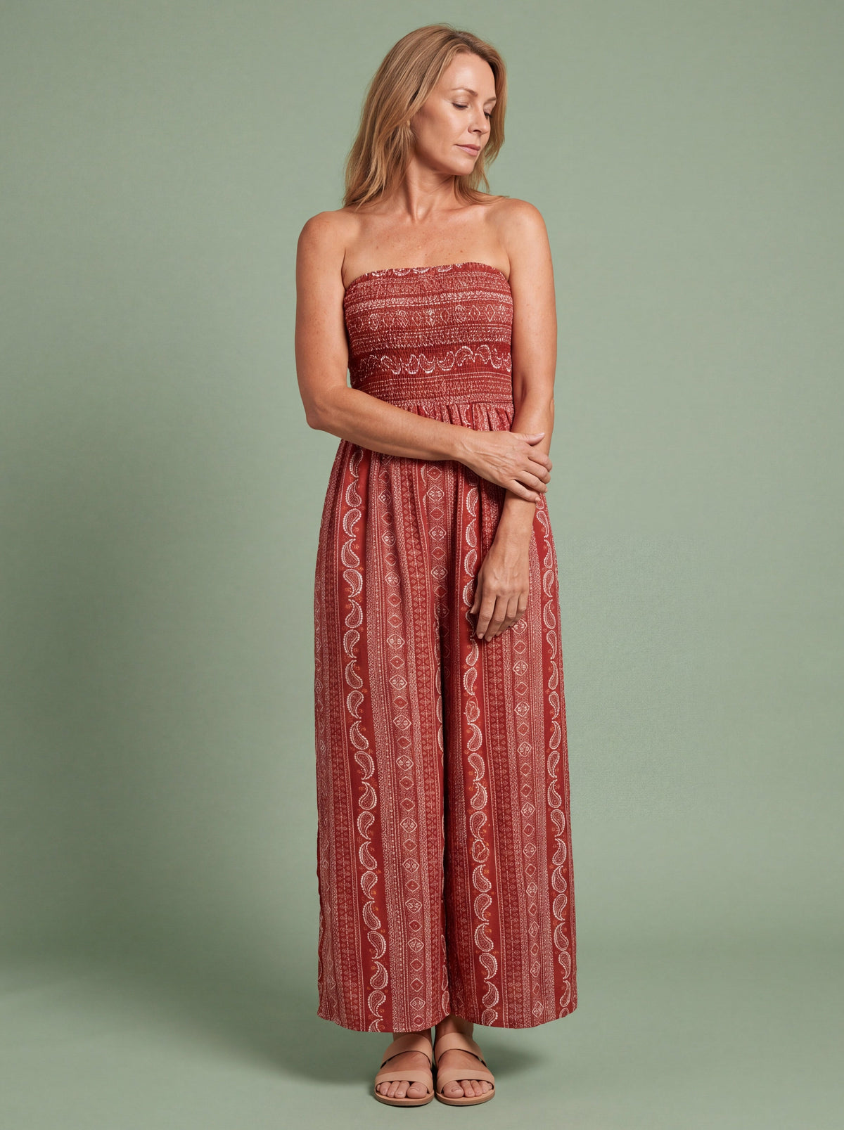 Melba Lane - red printed strapless jumpsuit with wide leg, full length, AU women's sizes