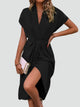 Margo & Main - black wrap midi dress, seated pose with front slit, US women's sizes