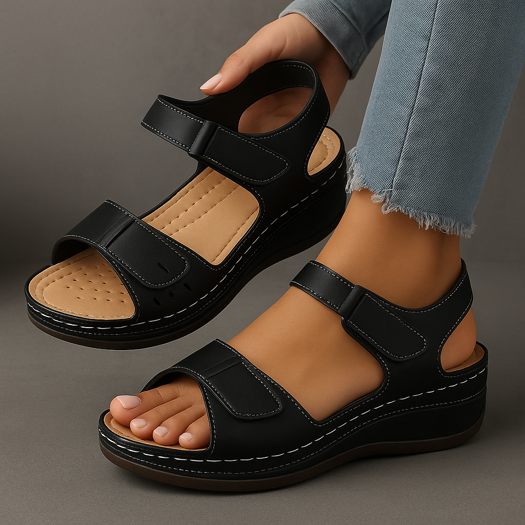 Melba Lane - black cushioned wedge sandals with adjustable straps, worn view, AU women's sizes