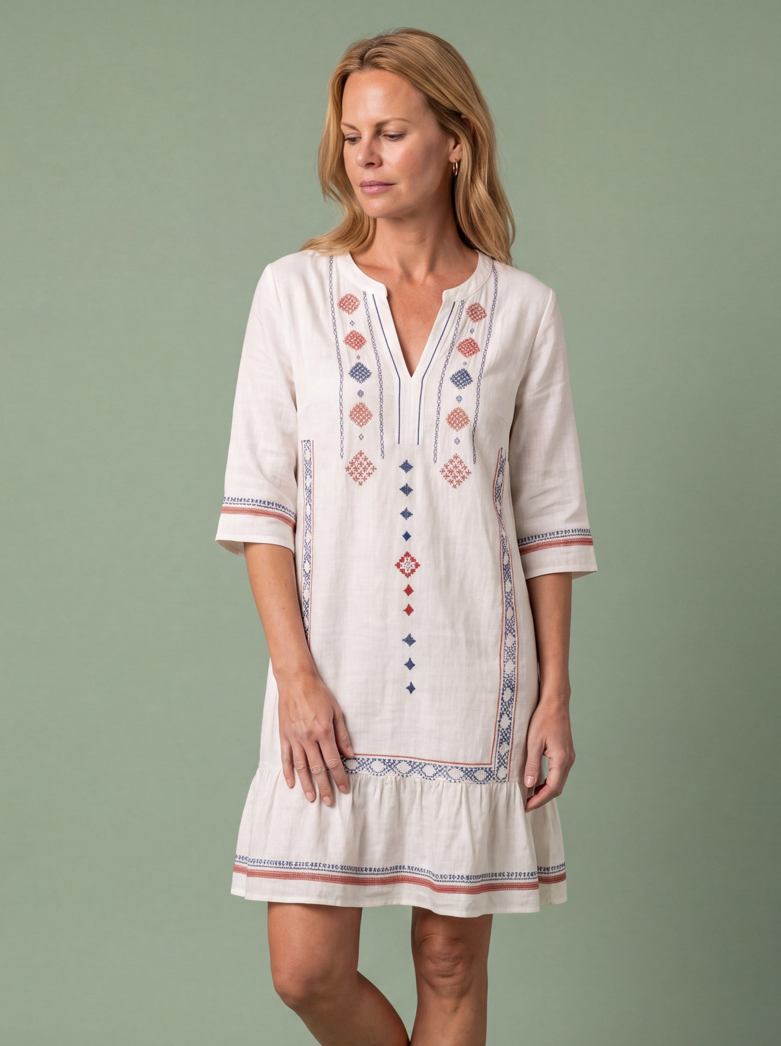 Melba Lane - cream woven tunic beach dress with embroidered trim, full length, AU women's sizes