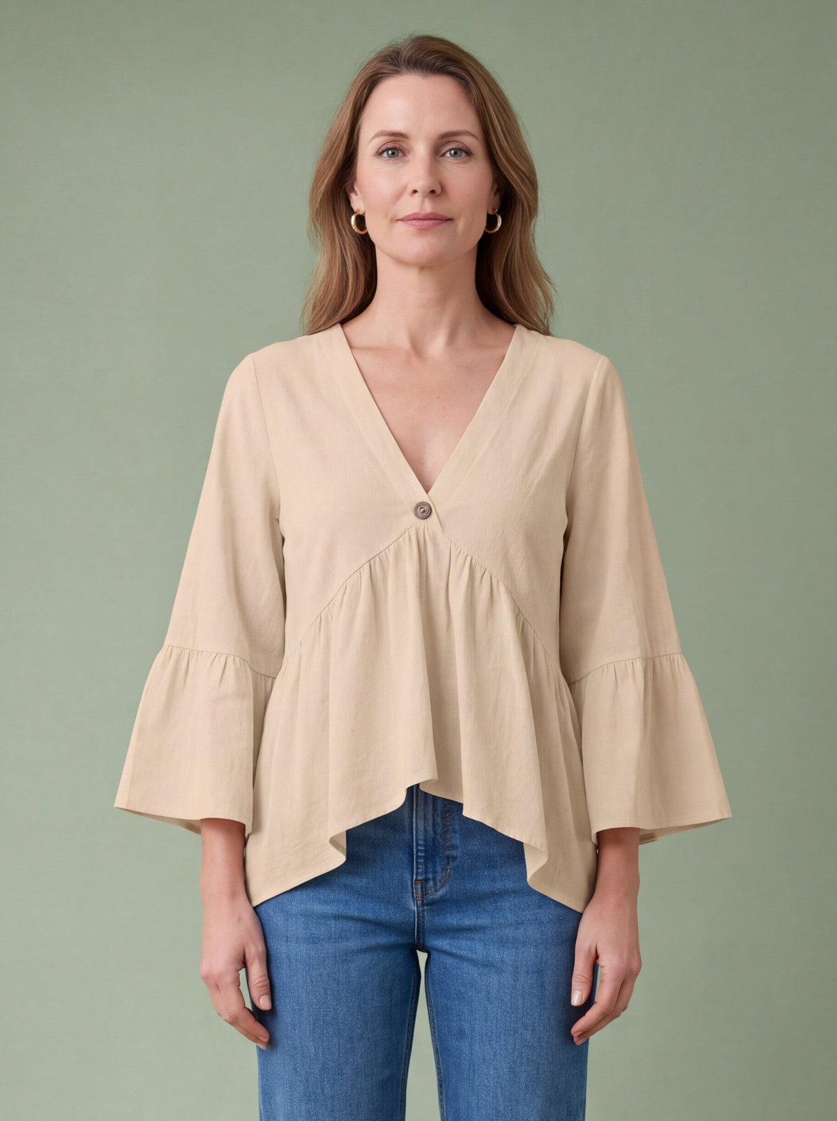 Melba Lane - orange bell sleeve V neck blouse, full length studio view, AU women's sizes