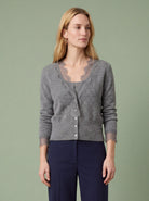 Melba Lane - grey fine knit cardigan with lace panels, full length view, AU women's sizes