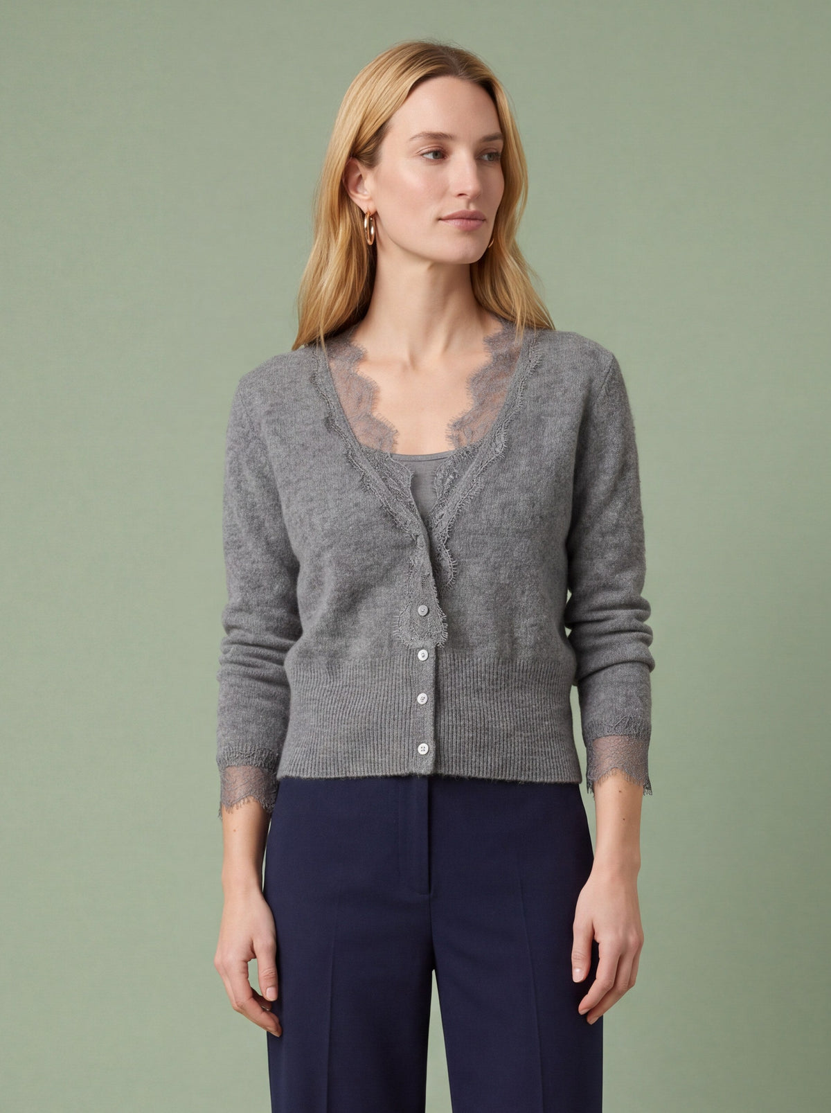 Melba Lane - grey fine knit cardigan with lace panels, full length view, AU women's sizes