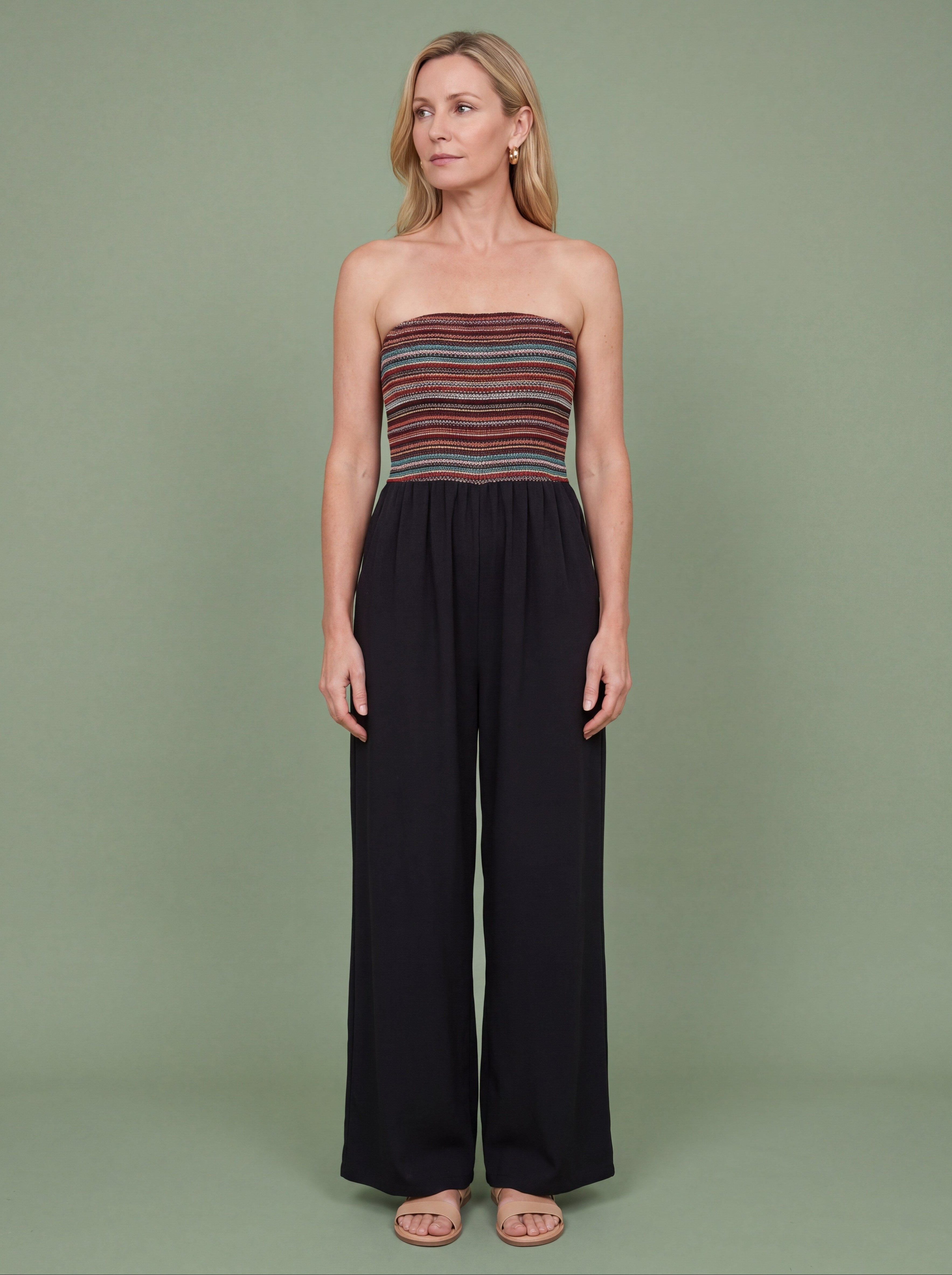 Melba Lane - green strapless wide leg jumpsuit, full length studio view, AU women's sizes