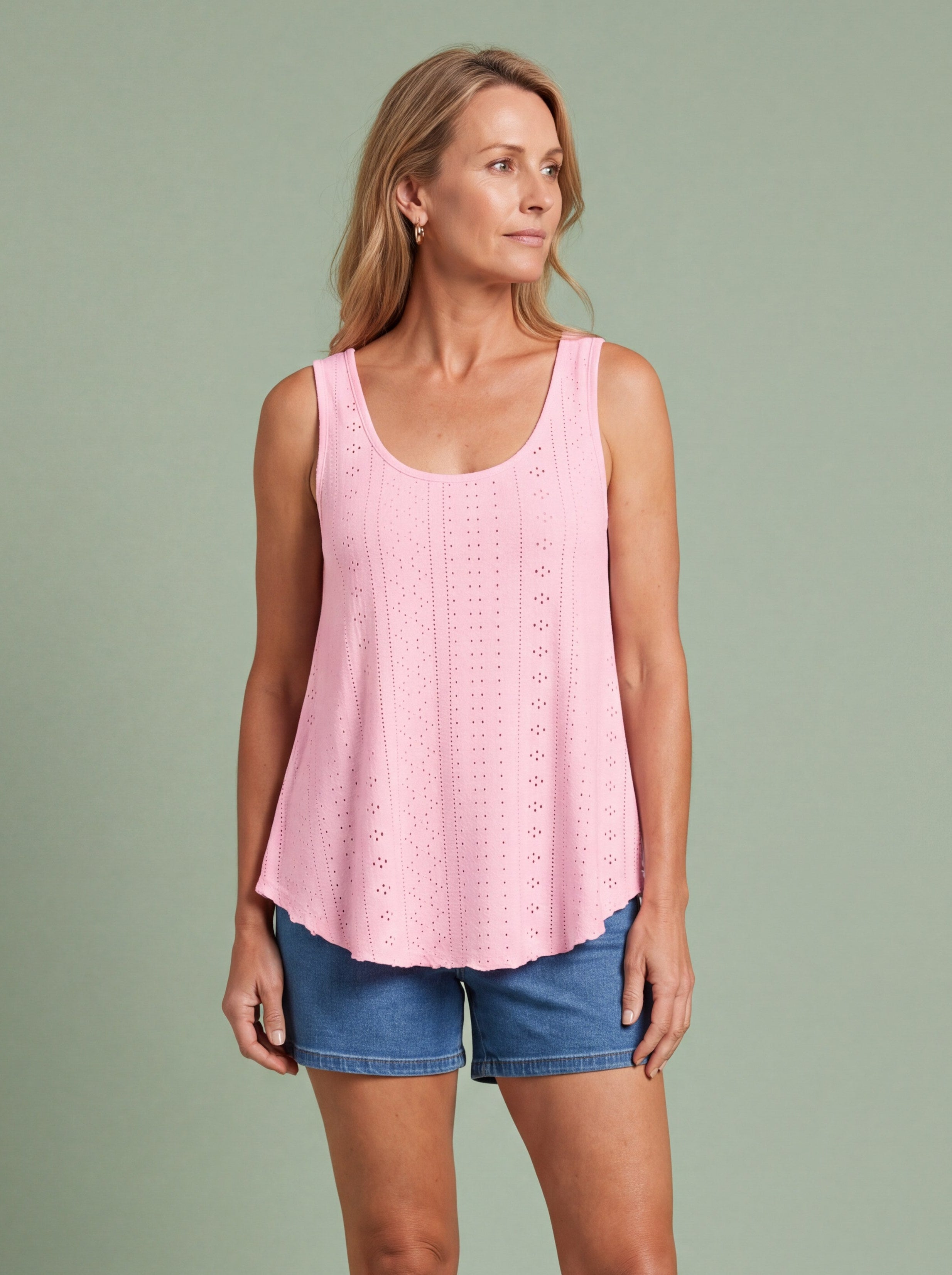 Melba Lane - pink eyelet detail swing tank top, full length studio view, AU women's sizes