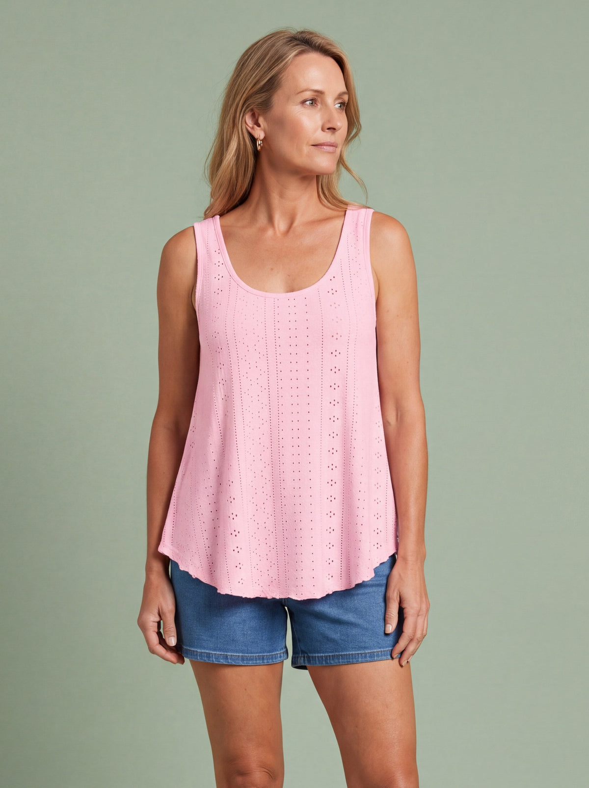 Melba Lane - pink eyelet detail swing tank top, full length studio view, AU women's sizes
