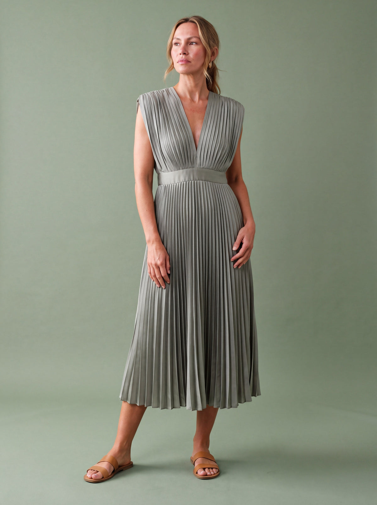 Melba Lane - grey pleated V neck midi dress with deep neckline, full length, AU women's sizes