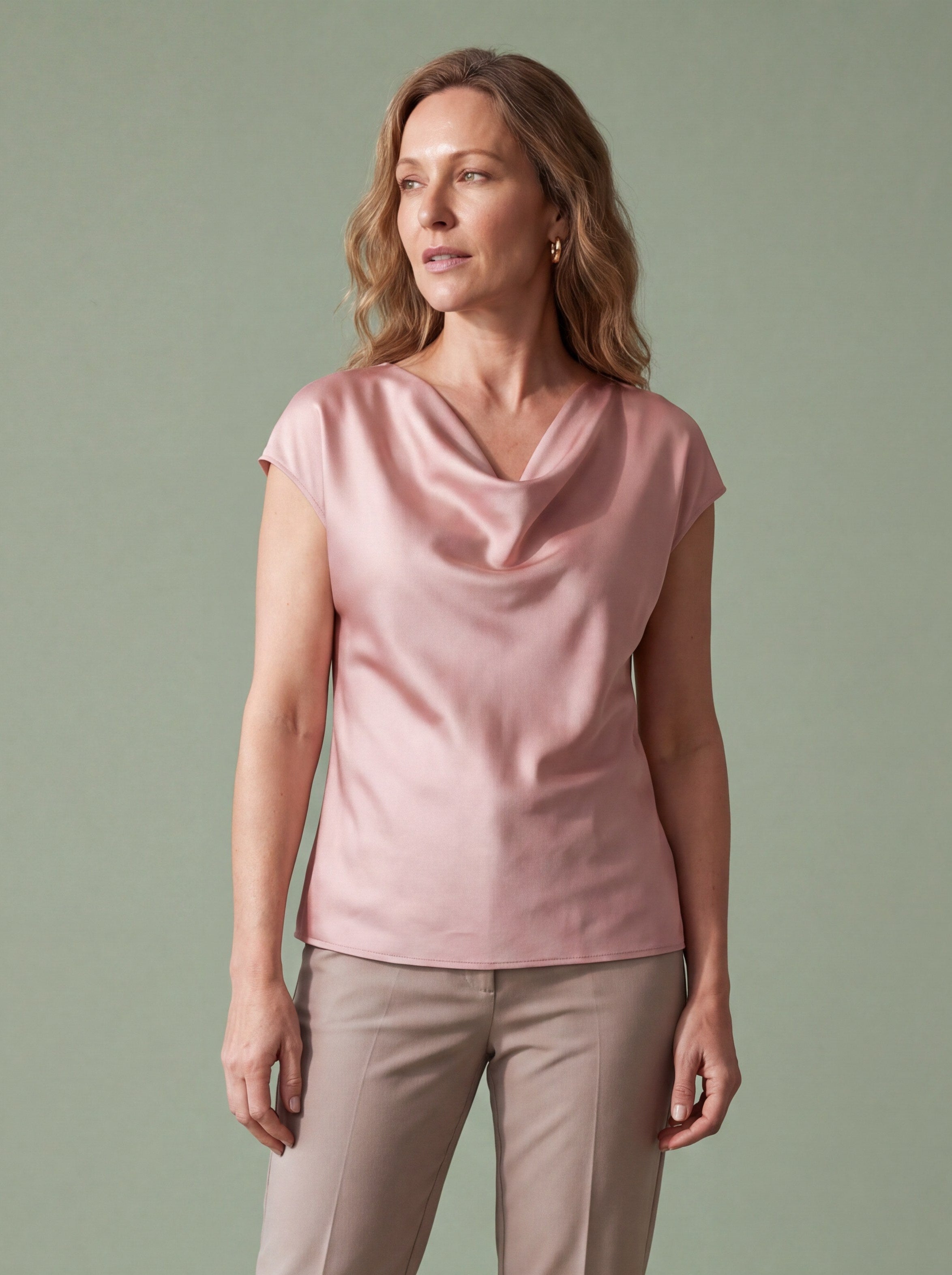 Melba Lane - pink cowl neck satin top with short sleeves, full length view, AU women's sizes
