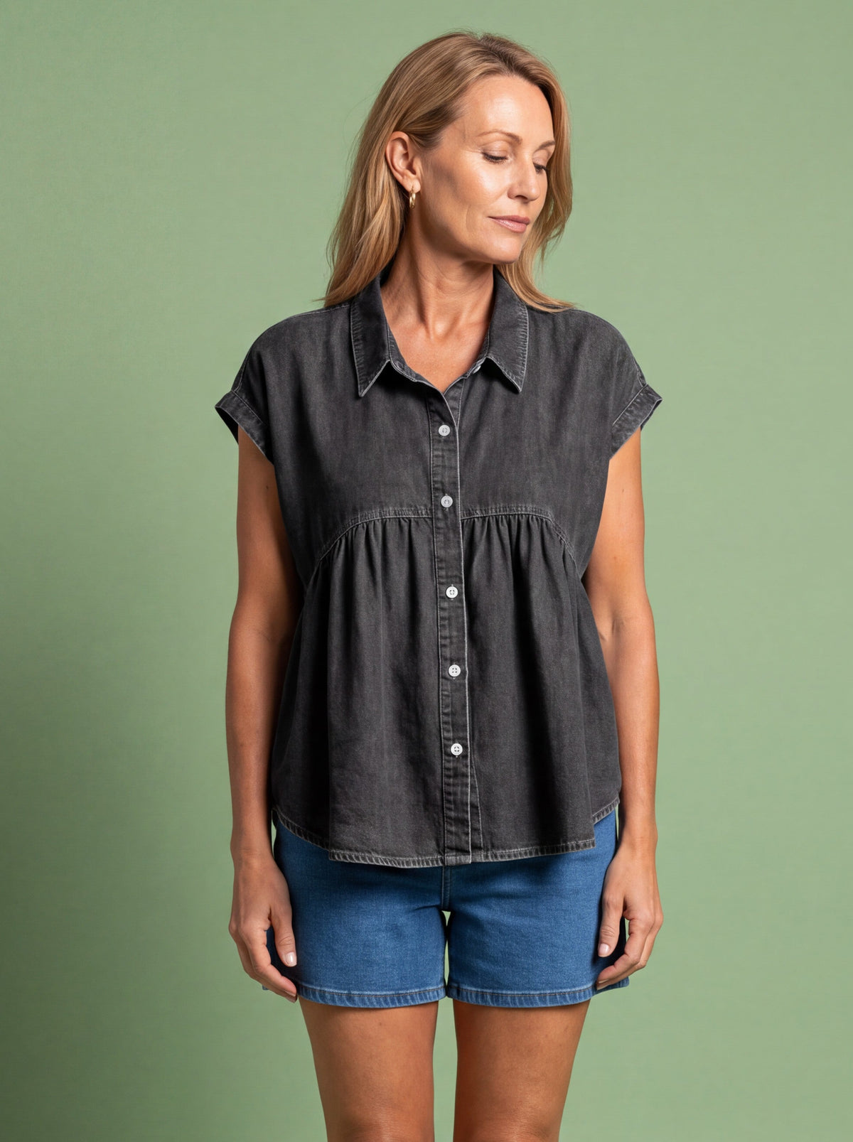 Melba Lane - black denim look button through blouse, full length studio view, AU women's sizes