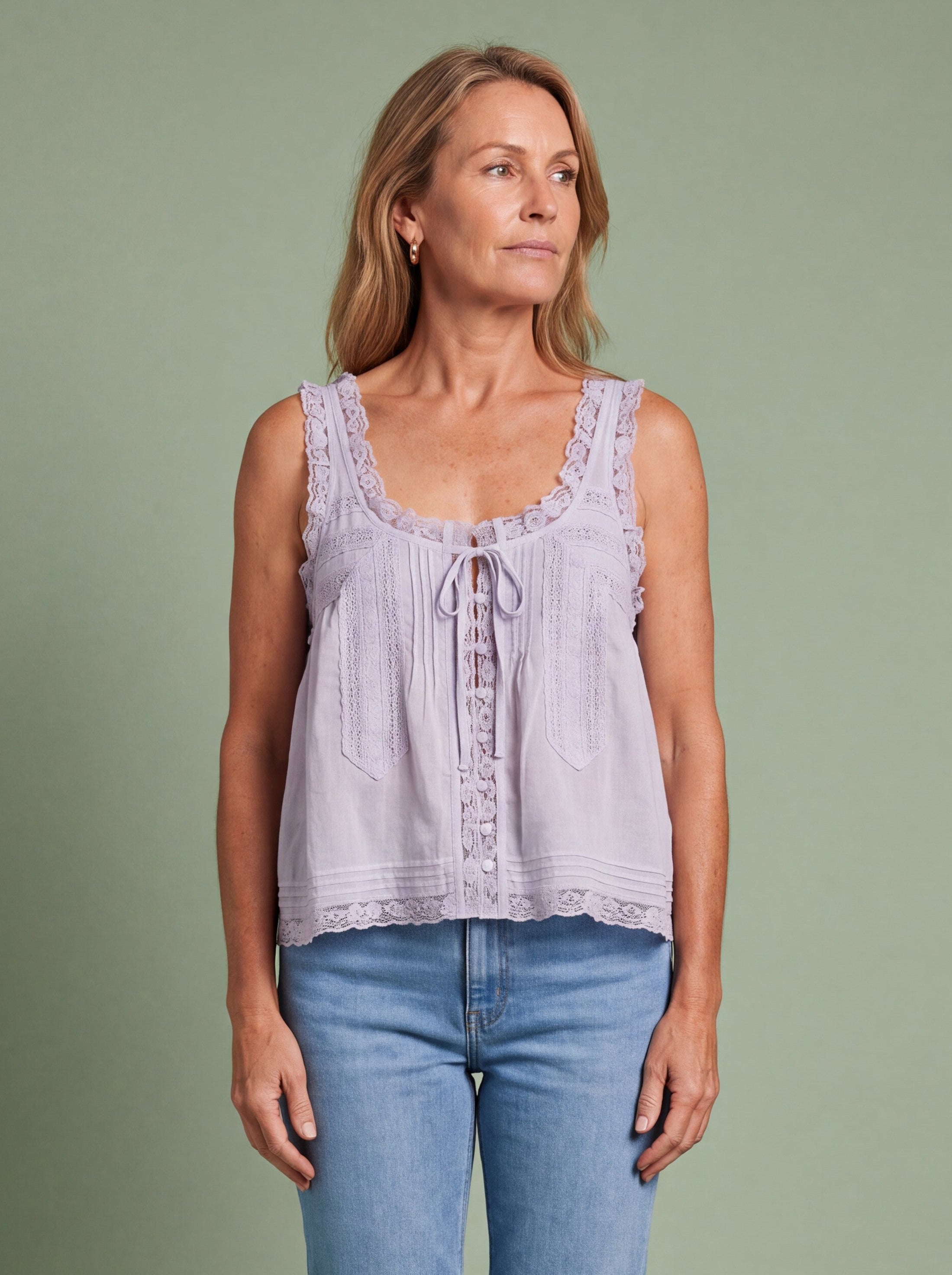 Melba Lane - light blue lace trim tie front cami top, full length view, AU women's sizes