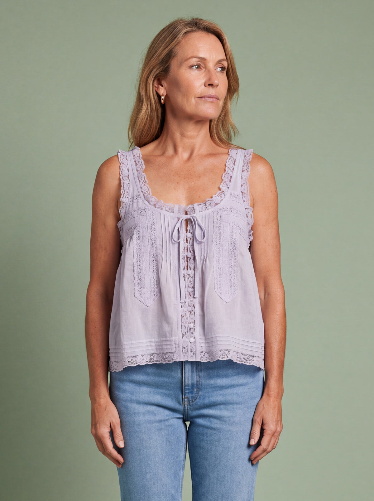 Melba Lane - light blue lace trim tie front cami top, full length view, AU women's sizes