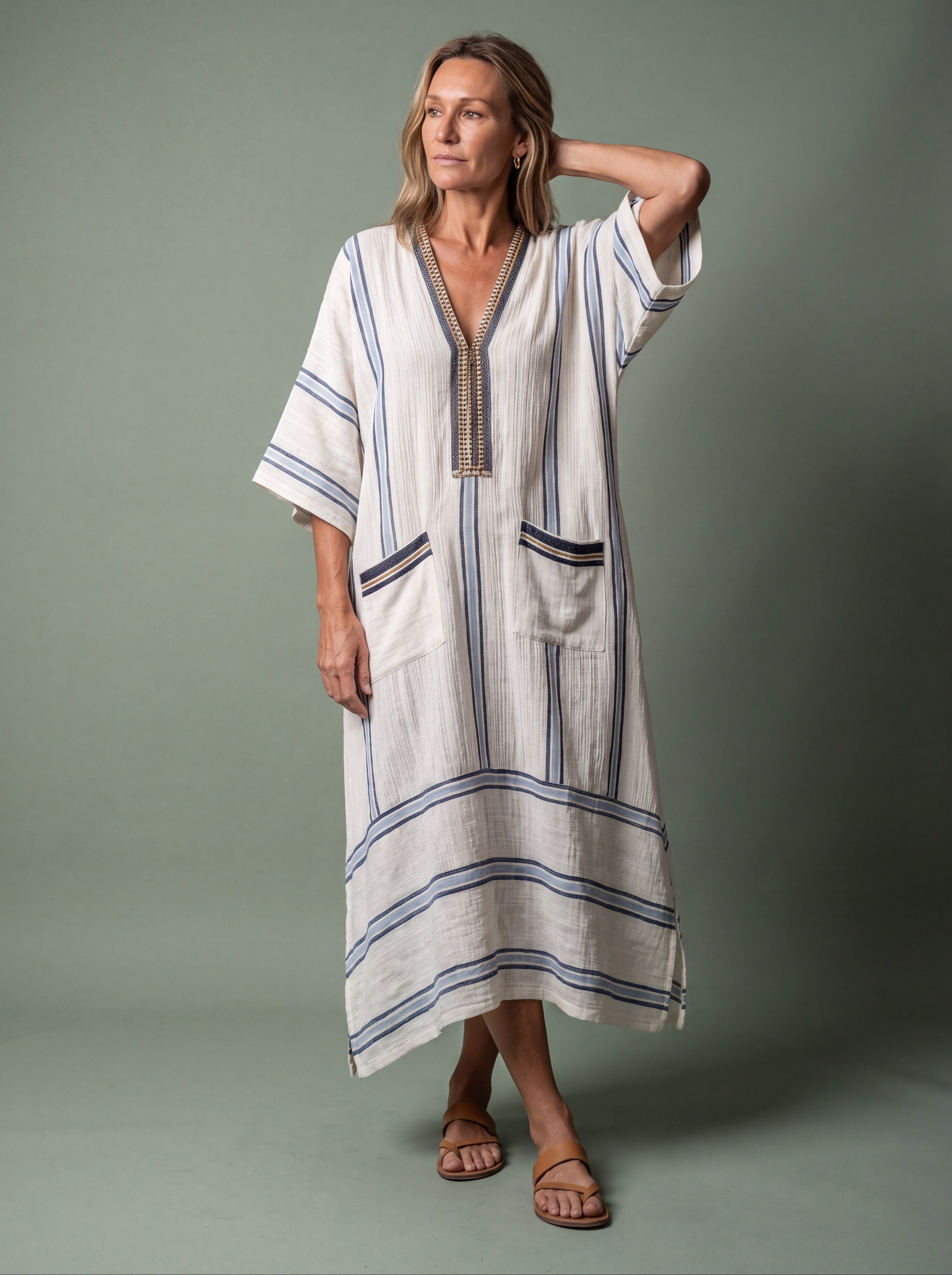 Melba Lane - sky blue wide sleeve resort maxi dress, full length view, AU women's sizes