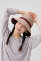 Margo & Main – Sabella tan reversible sun hat with a burgundy band, front view with the wide brim shading the face