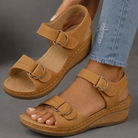 Melba Lane - tan cushioned wedge sandals with adjustable straps, worn view, AU women's sizes