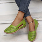 Melba Lane - green cutout slip on shoes with low wedge, worn on model, AU women's sizes