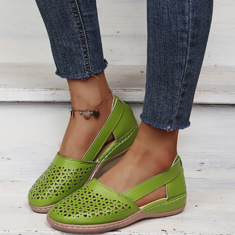 Melba Lane - green perforated slip on shoes, angled pair view on steps, AU women's sizes