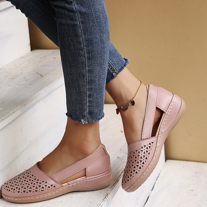 Melba Lane - rose gold cutout slip on shoes, side profile view on model, AU women's sizes