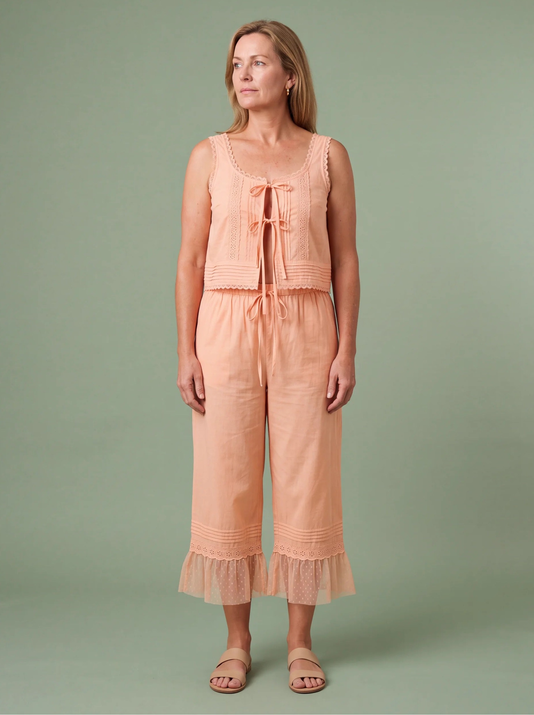 Melba Lane - orange lace trim two piece set with wide leg pants, full length, AU women's sizes