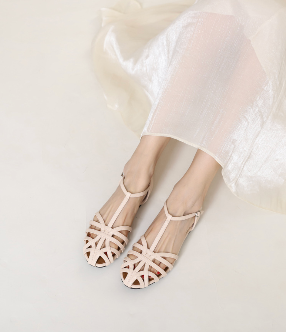 Melba Lane - white woven leather ankle strap flats, worn with a sheer skirt, AU women's sizes