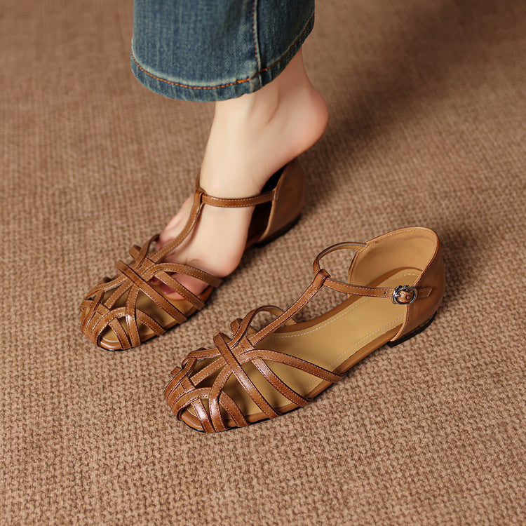 Melba Lane - brown woven leather ankle strap flats, worn with straight jeans, AU women's sizes