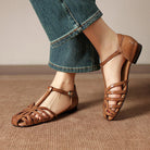 Melba Lane - brown woven leather ankle strap flats, worn with wide leg jeans, AU women's sizes