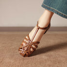 Melba Lane - brown woven leather ankle strap flats, close side profile view, AU women's sizes