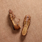 Melba Lane - brown woven leather ankle strap flats, pair on a woven backdrop, AU women's sizes