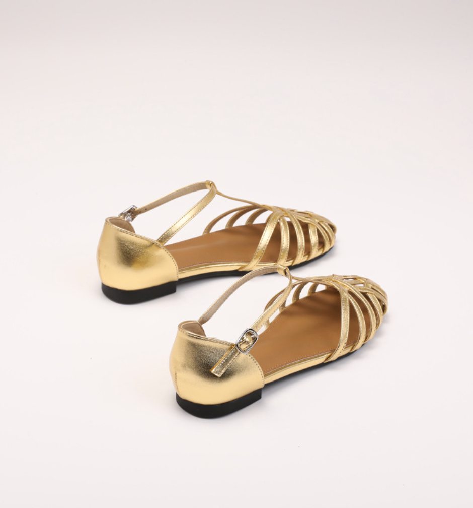 Melba Lane - gold woven leather ankle strap flats, pair at an angle, AU women's sizes