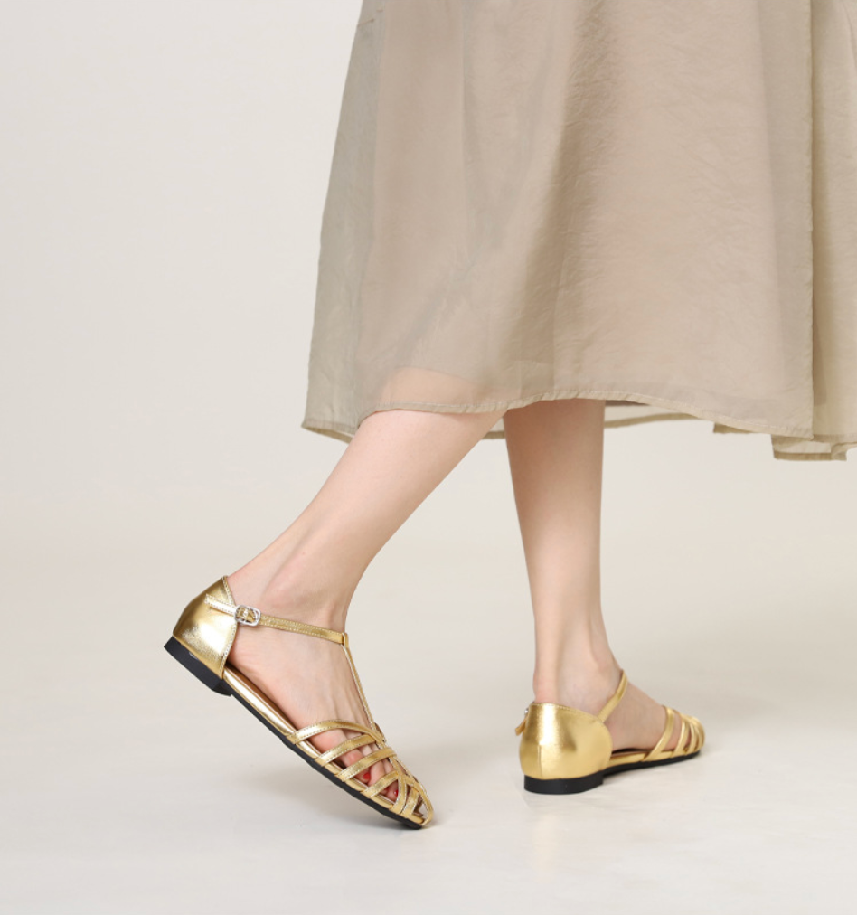 Melba Lane - gold woven leather ankle strap flats, worn with a midi skirt, AU women's sizes