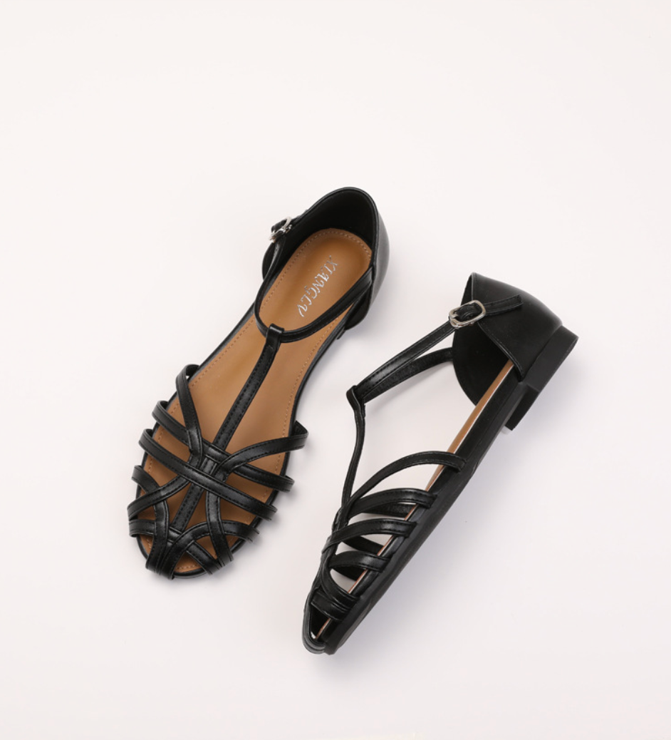 Melba Lane - black woven leather ankle strap flats, pair photographed from above, AU women's sizes