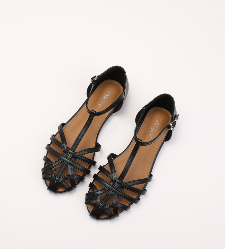 Melba Lane - black woven leather ankle strap flats, pair from the front, AU women's sizes