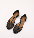Melba Lane - black woven leather ankle strap flats, pair from the front, AU women's sizes