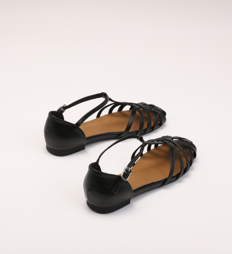 Melba Lane - black woven leather ankle strap flats, pair from the side, AU women's sizes