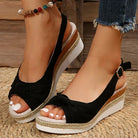 Melba Lane - black bow espadrille wedge sandals, worn side view on jute, AU women's sizes
