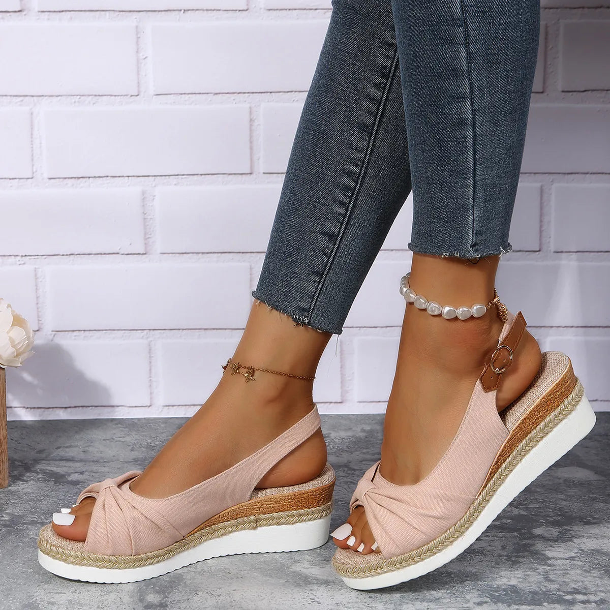 Melba Lane - pink bow espadrille wedge sandals, worn front view with denim, AU women's sizes