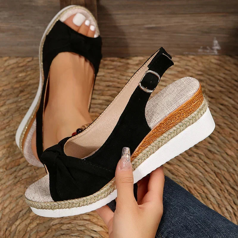 Melba Lane - black bow espadrille wedge sandals, wedge sole held in hand, AU women's sizes