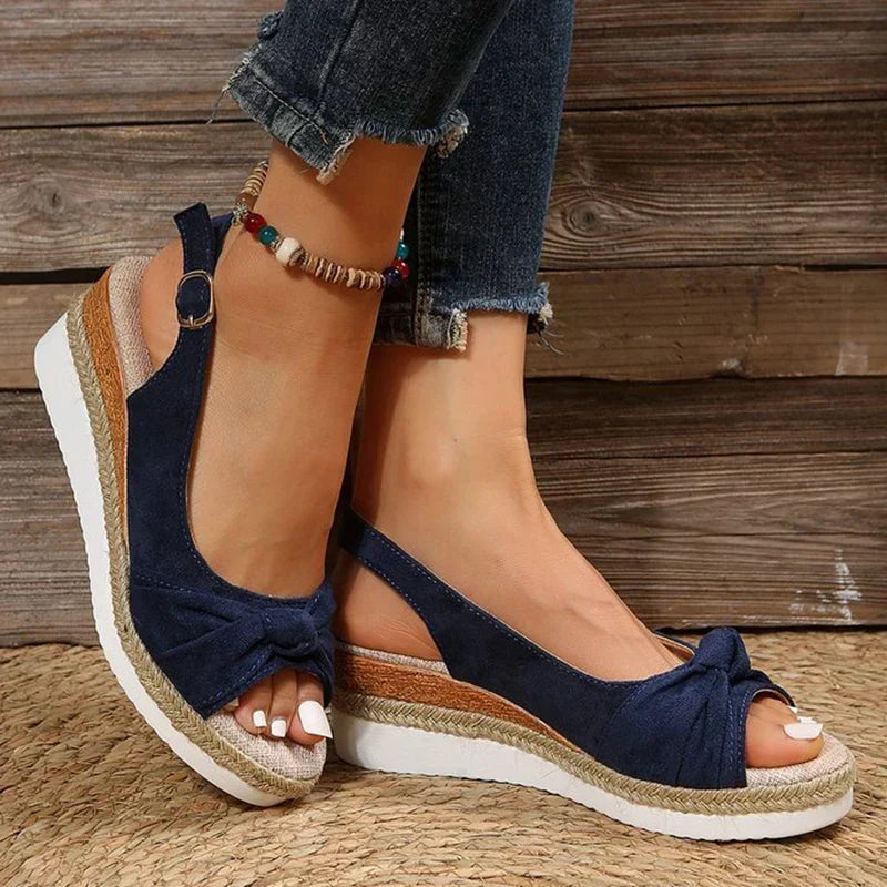 Melba Lane - navy bow espadrille wedge sandals, worn front view with denim, AU women's sizes